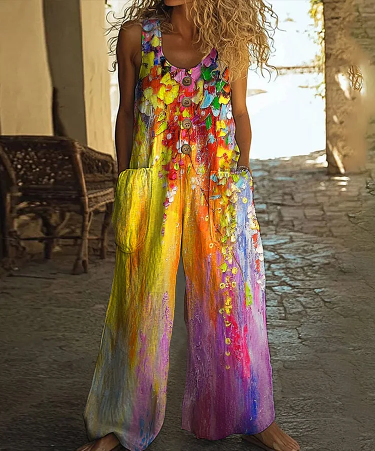 Vintage Colorful Floral Art Print Casual Wide Leg Jumpsuit