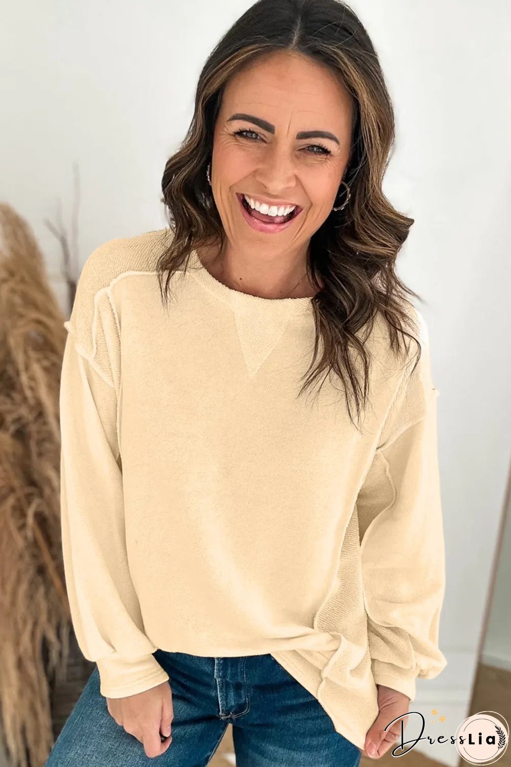 Beige Splicing Round Neck Pullover Sweatshirt