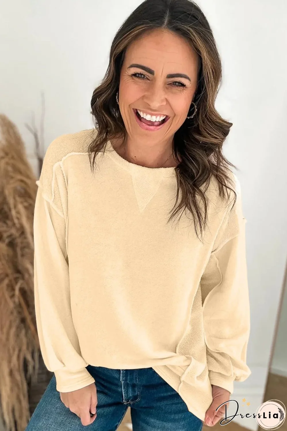 Beige Splicing Round Neck Pullover Sweatshirt