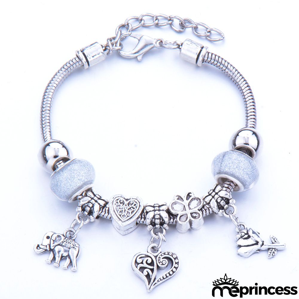 Women Fashion Rhinestone Butterfly Crown Pendant Beaded Bracelet
