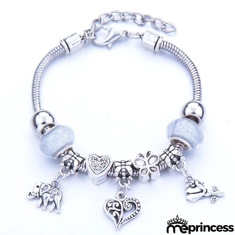 Women Fashion Rhinestone Butterfly Crown Pendant Beaded Bracelet