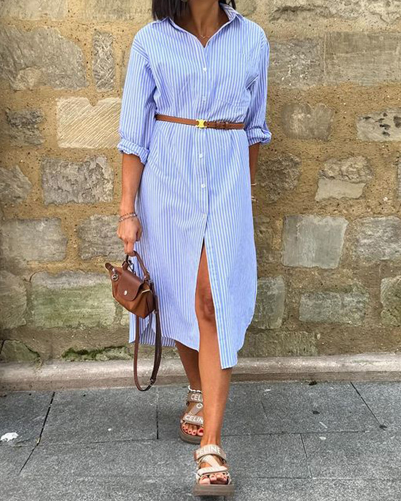 Striped Long Sleeve Single Breasted Shirt Midi Dress