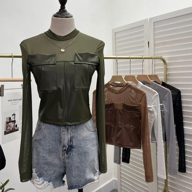 Uveng Sexy Micro-Permeable Mesh Splicing Pu Skin Bottom Shirt Women Autumn And Winter Body Repair Short Long-Sleeved T-Shirt Top 8975