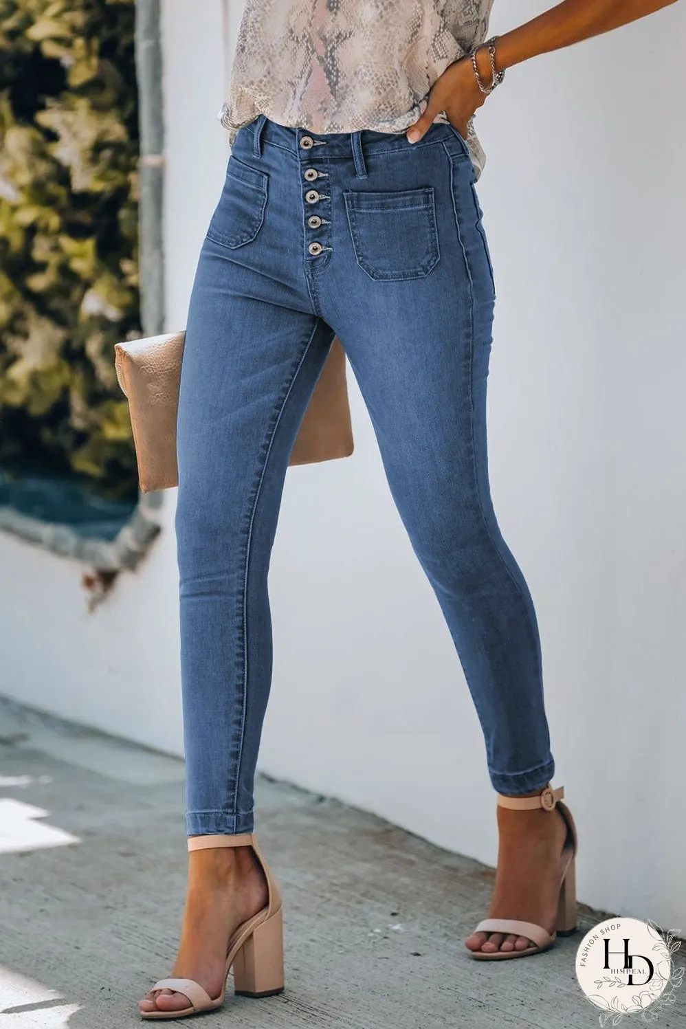 Button Fly Skinny Jeans with Pockets