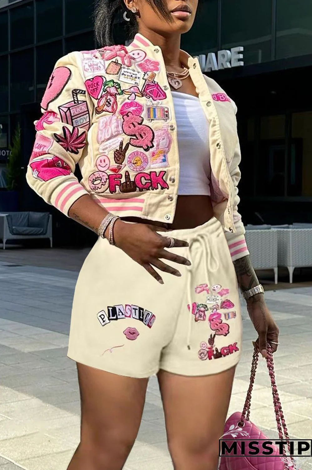 Cream White Casual Print Patchwork Buckle Long Sleeve Two Pieces