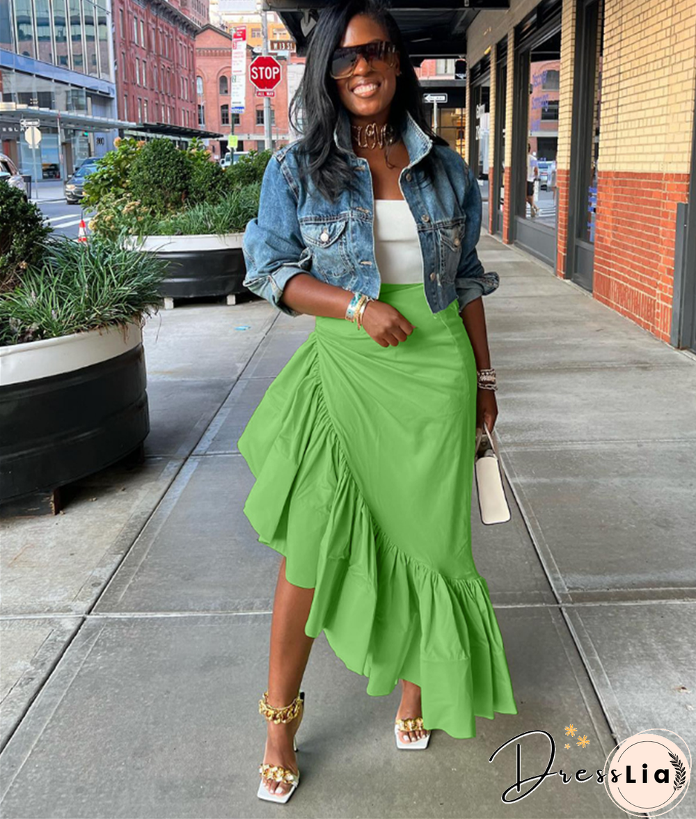 High Waist Asymmetrical Slit Ruffle Hem Skirts