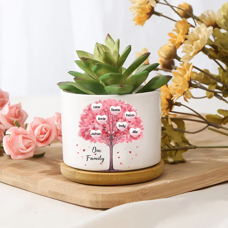 Personalized Ceramic Flowerpot with Wooden Base Custom 7 Names & 1 Text Pink Family Tree Flowerpot Gift for Mother/Grandma