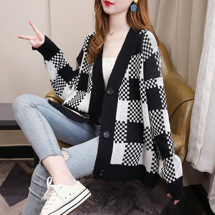 Knitted Plaid Casual Outerwear