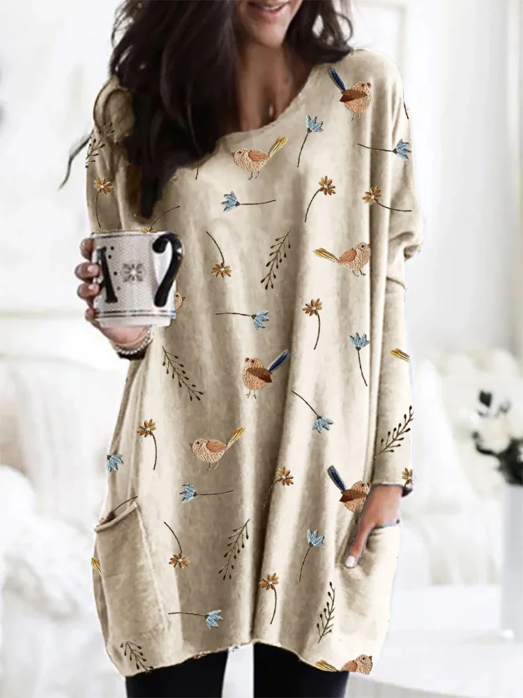 Birds Floral Embroidery Pattern Cozy Tunic