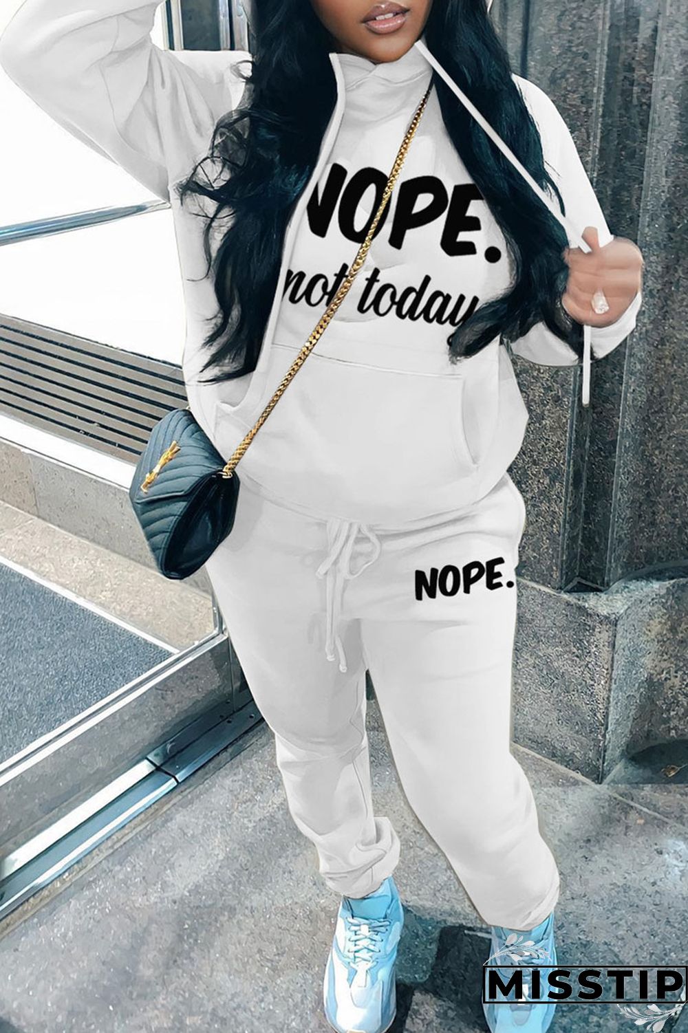 Black Casual Letter Print Basic Hooded Collar Long Sleeve Two Pieces