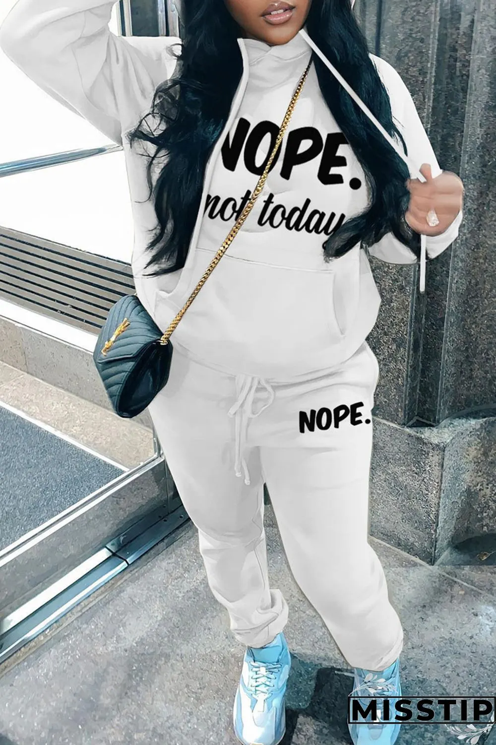 Black Casual Letter Print Basic Hooded Collar Long Sleeve Two Pieces