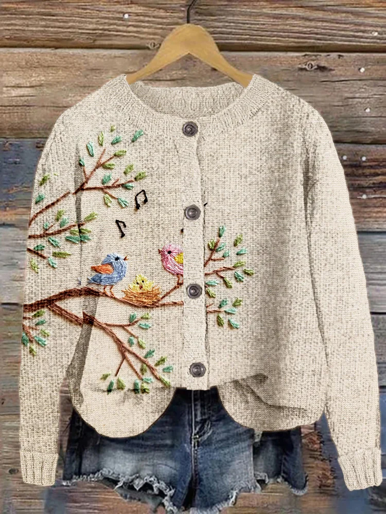 Comstylish Birds Singing in the Branches Embroidery Art Cozy Cardigan