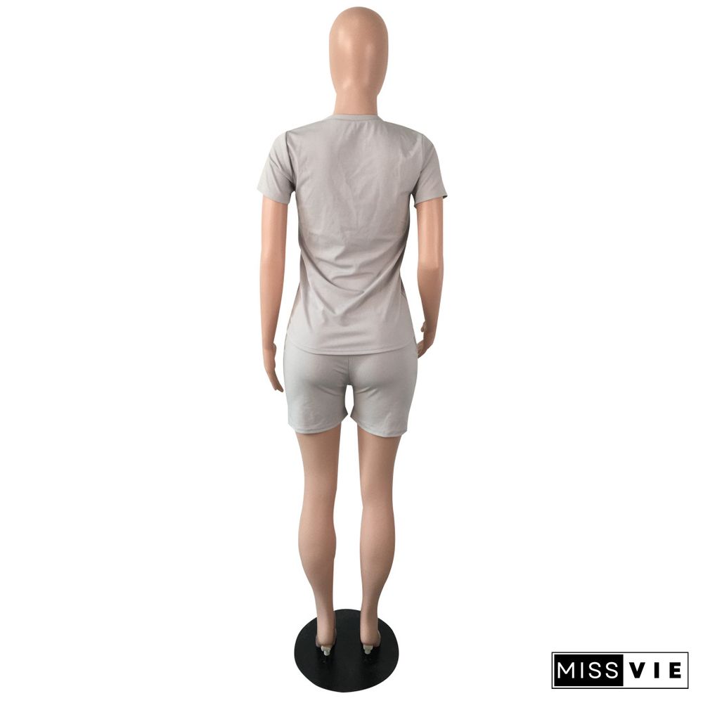 Summer Fashion New Bees Decorative Solid Color Short Sleeve T Shirt Pocket Shorts 2 Piece Set