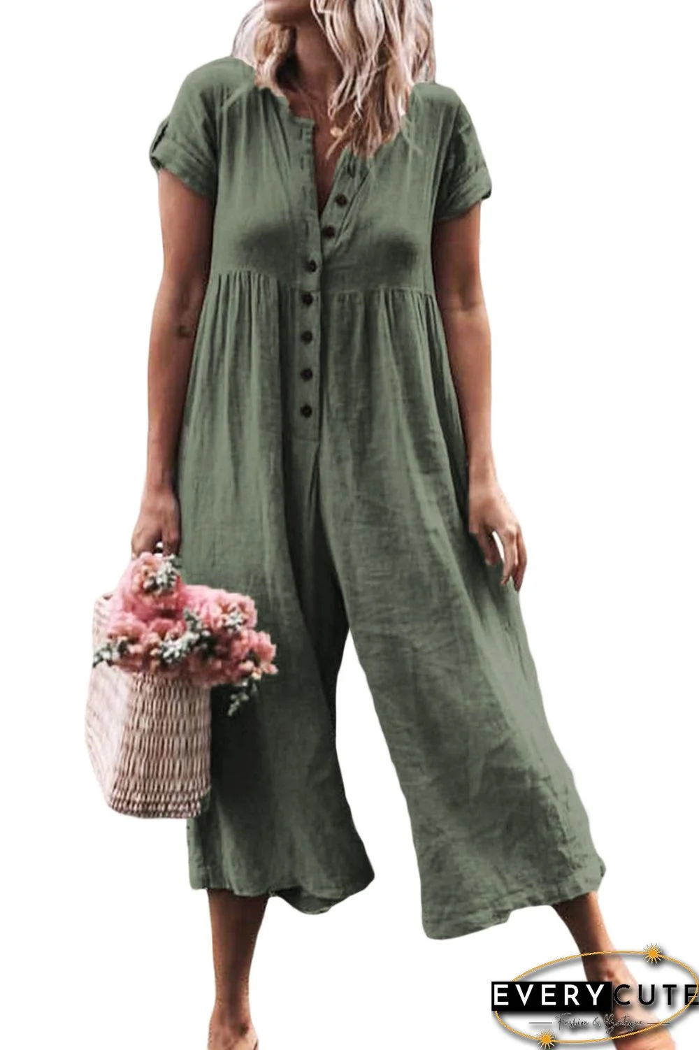 Green Solid Short Sleeve Casual Jumpsuit