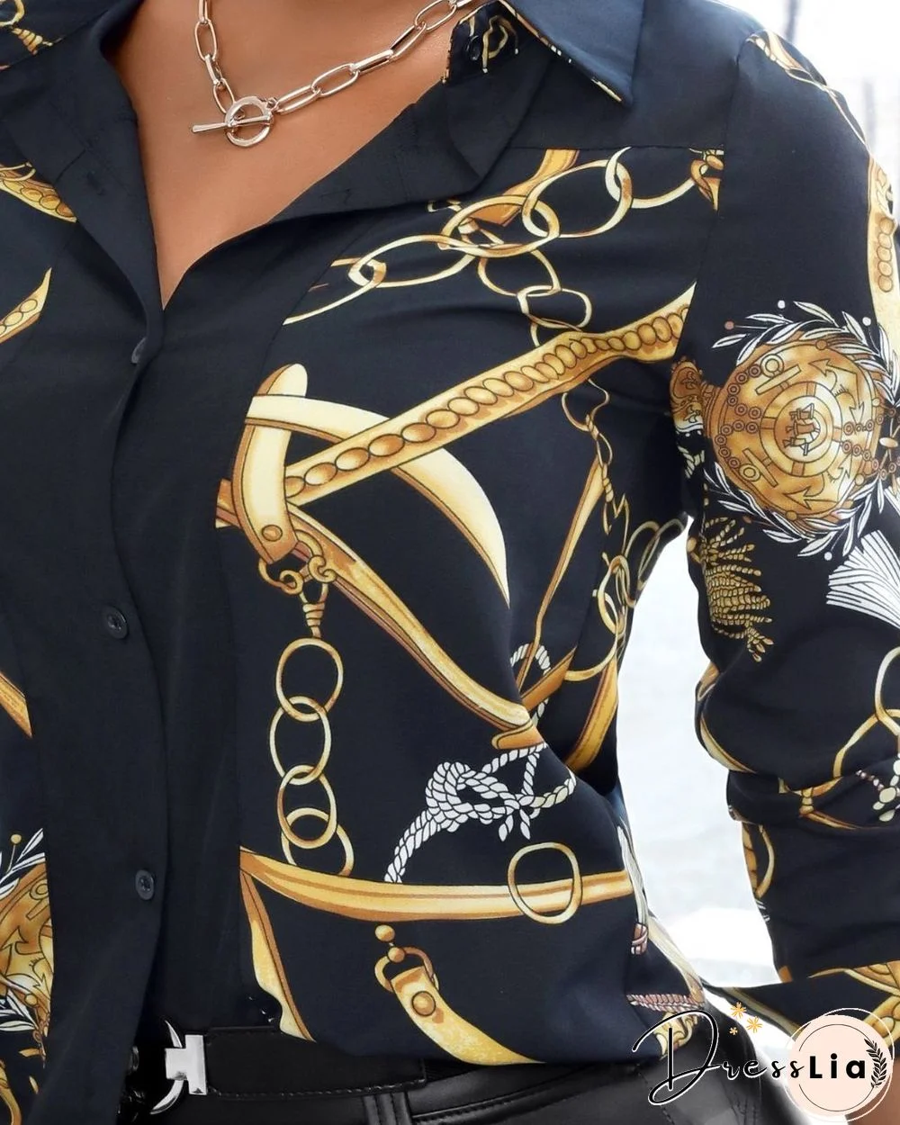 Chain Scarf Print Button Design Shirt P10692