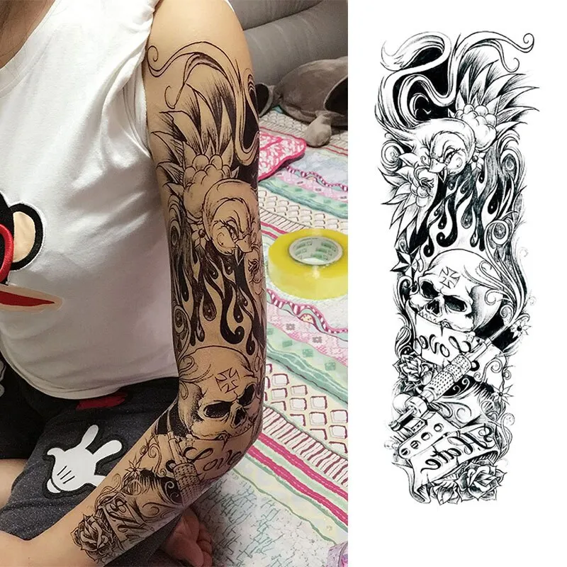 Full Flower Arm Temporary Tattoo Sticker Rose Clock Body Art Water Transfer Fake Tatoo Sleeve For Men Women