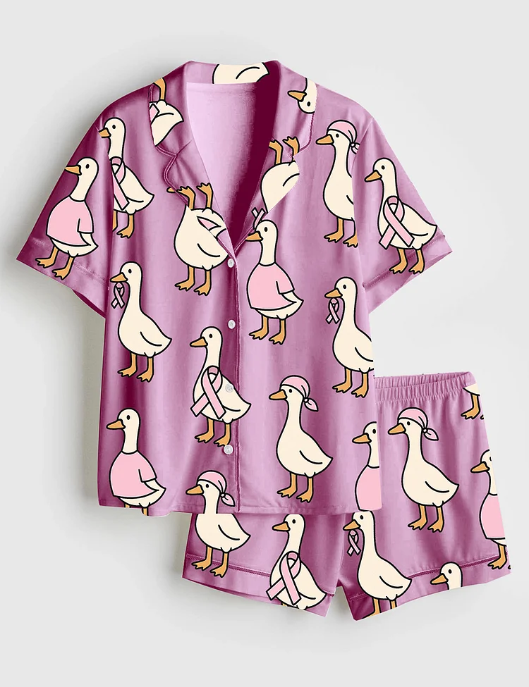 Women&rsquo;s Just A Strong Goose Breast Cancer Awareness Goose Cute Pink Ribbon Duck Print Short Sleeve Satin Pajama Set