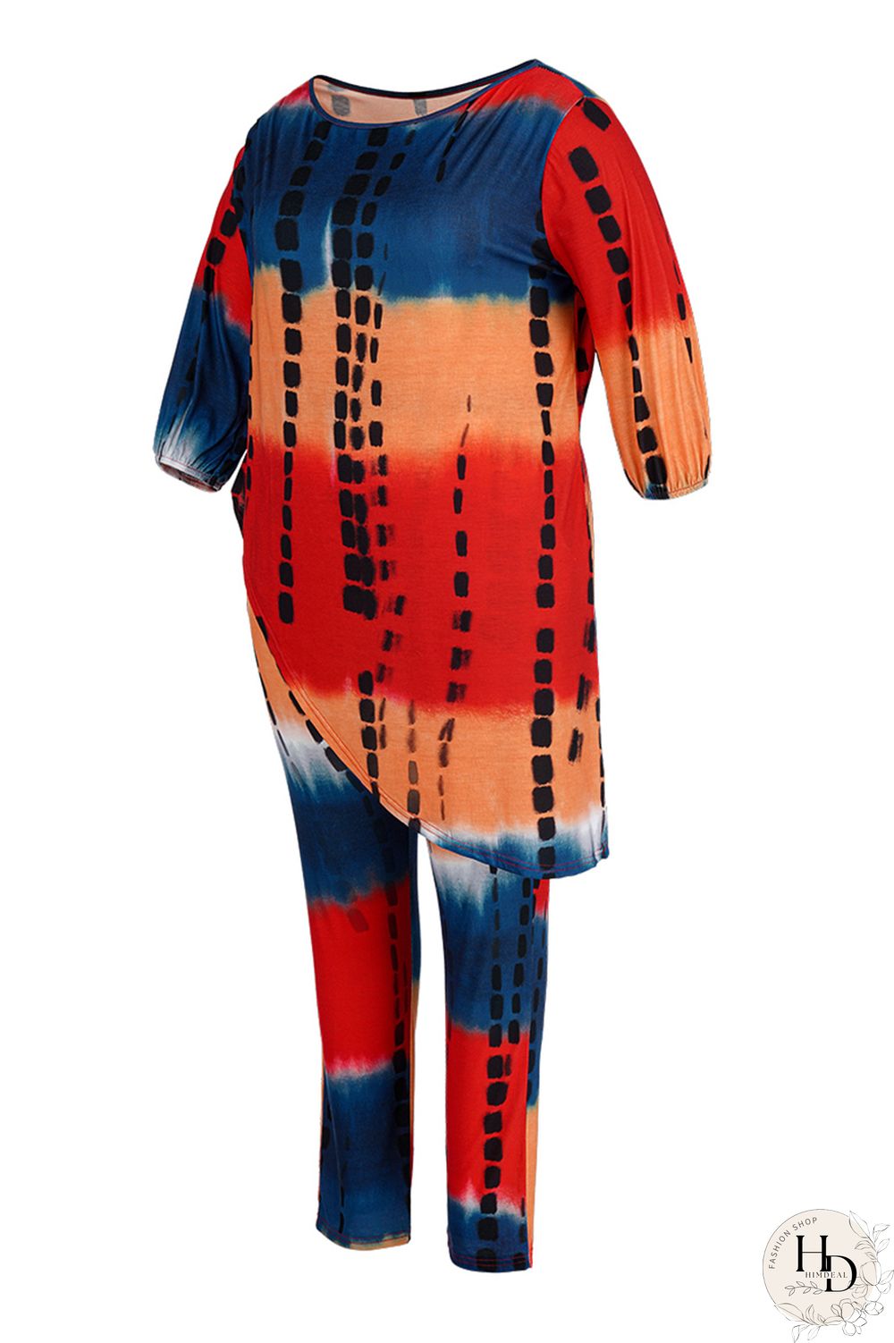 Yellow Fashion Casual Tie Dye Asymmetrical O Neck Plus Size Two Pieces