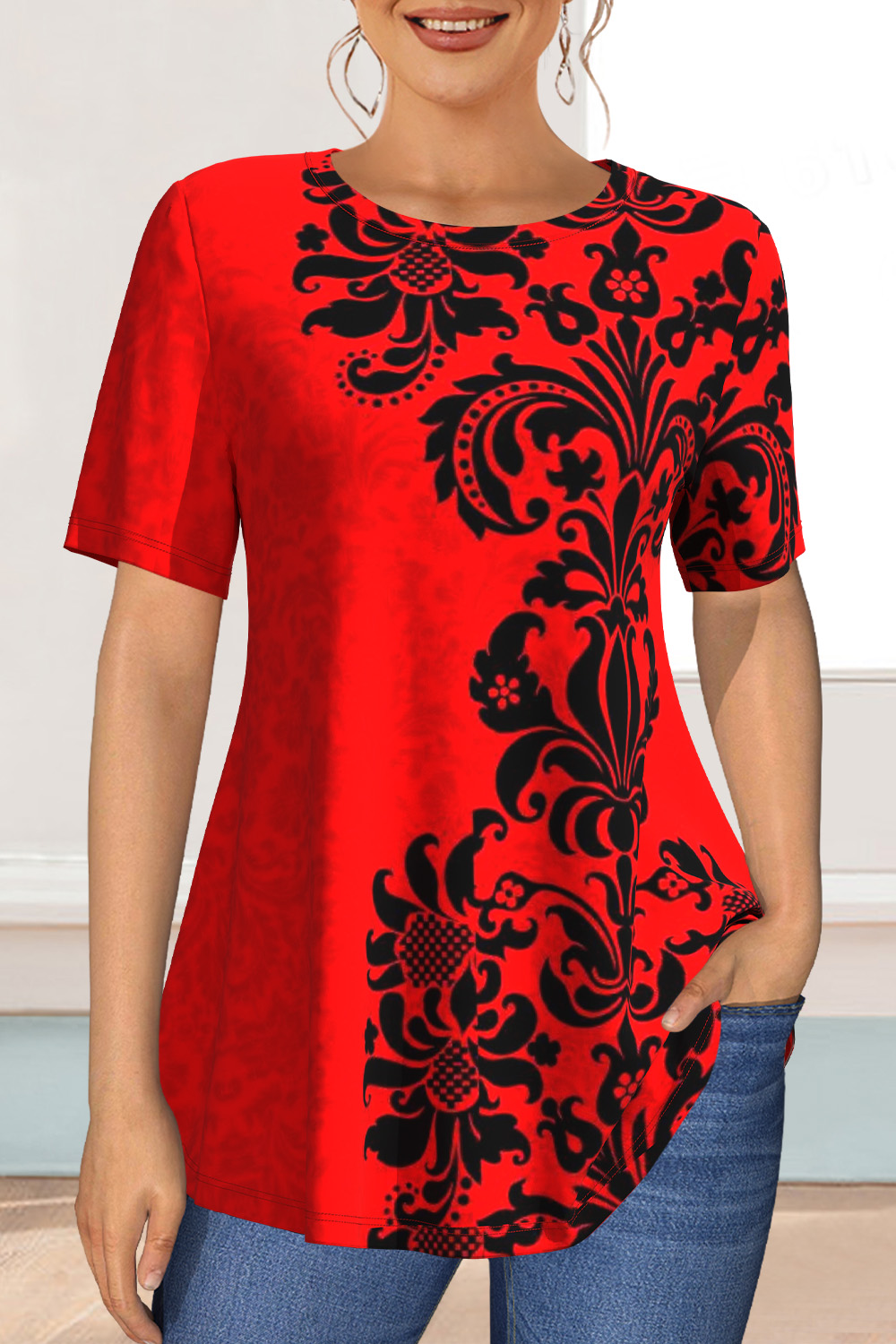 Flycurvy Plus Size Halloween Red Floral Print T-Shirt