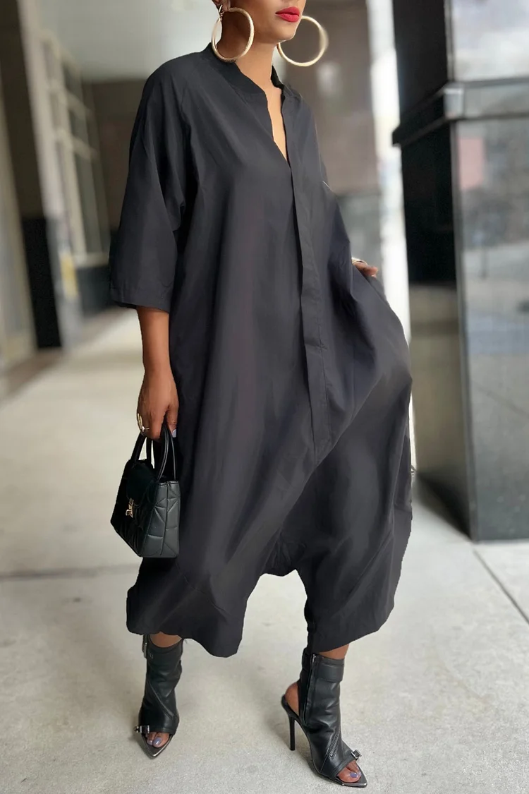 Plus Size Business Casual Black Shirt Collar 3/4 Sleeve Pocket Casual Jumpsuits [Pre-Order] 2024 - Xpluswear