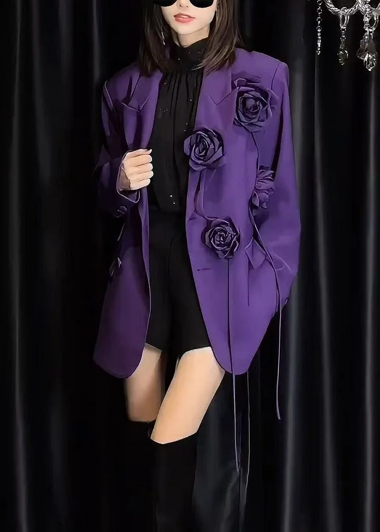 Italian Purple Pockets Floral Decorated Suit Coat Fall