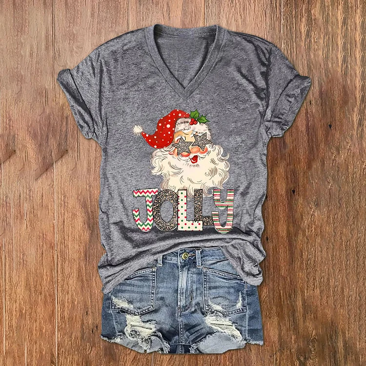 Santa Print Short Sleeve Casual T-Shirt