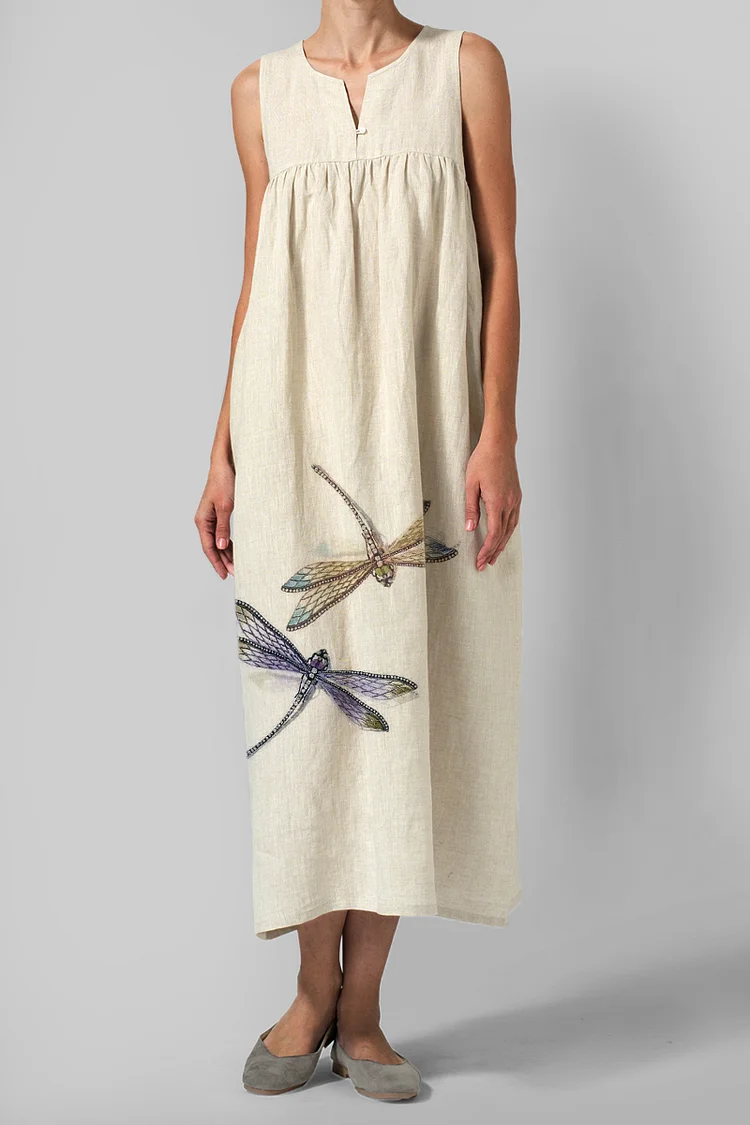 Dragonfly Linen Sleeveless Dress