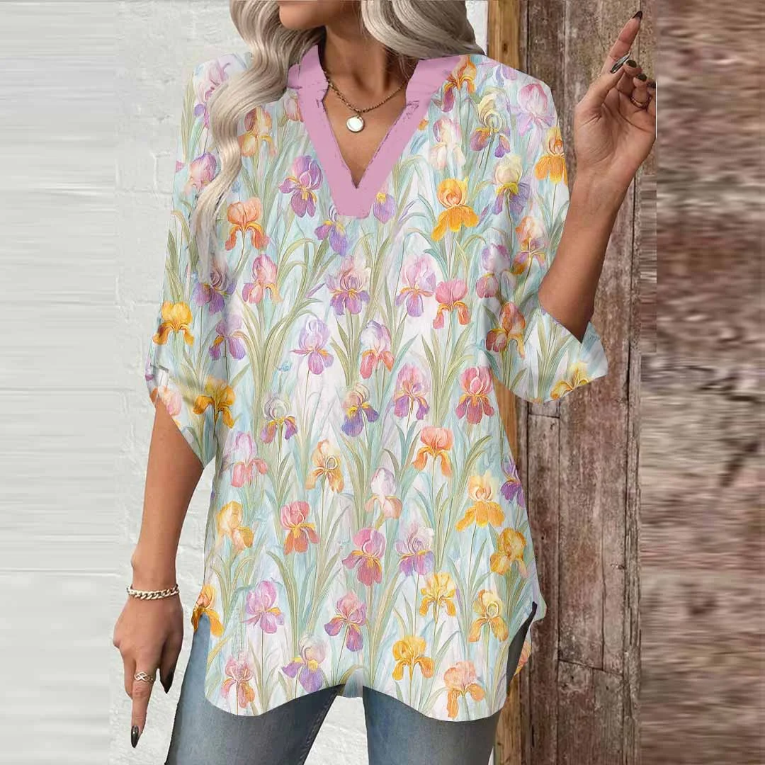 Women Floral, Pink, Green DZGA0603 3/4 Sleeve V-neck Printed Graphic Button Tops