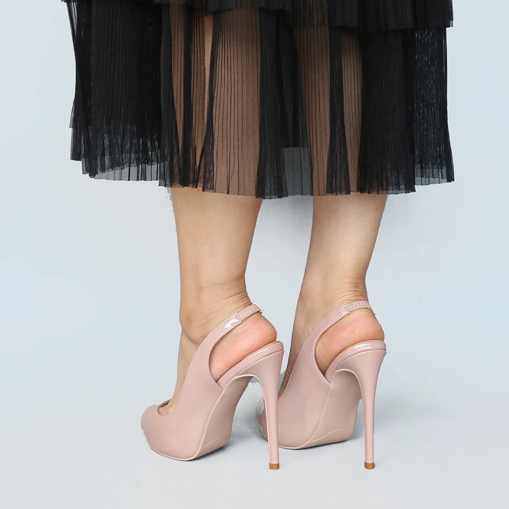 120mm Red Bottom Elastic Strap Slingback Sandals Peep Toe Platform Stilettos Nude Patent Heels-MERUMOTE