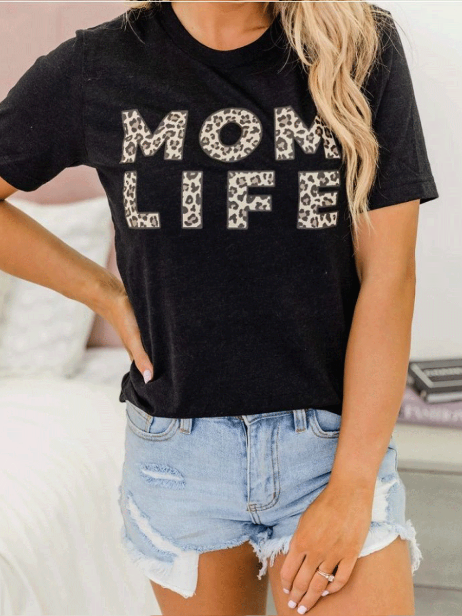 MOM LIFE Leopard Print Crew Neck T-shirt