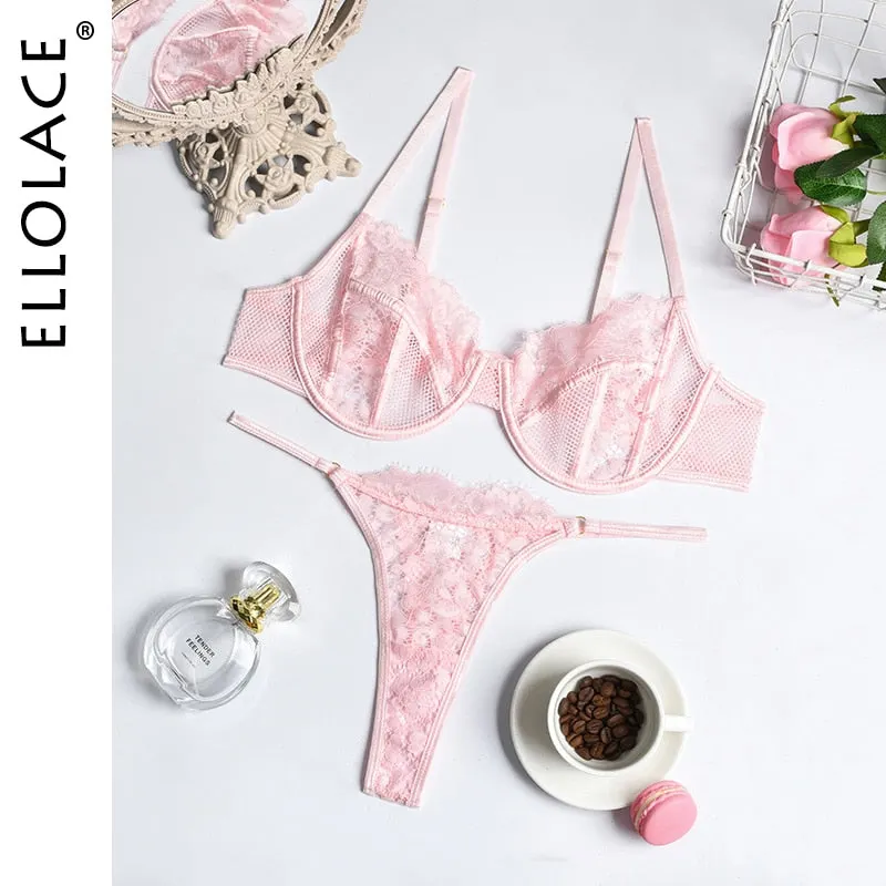 Ellolace Erotic Sensual Lingerie Underwear Women Push up Underwire Bra Brief Sets Solid Lace Setup Ladies Sexy Bilizna Set