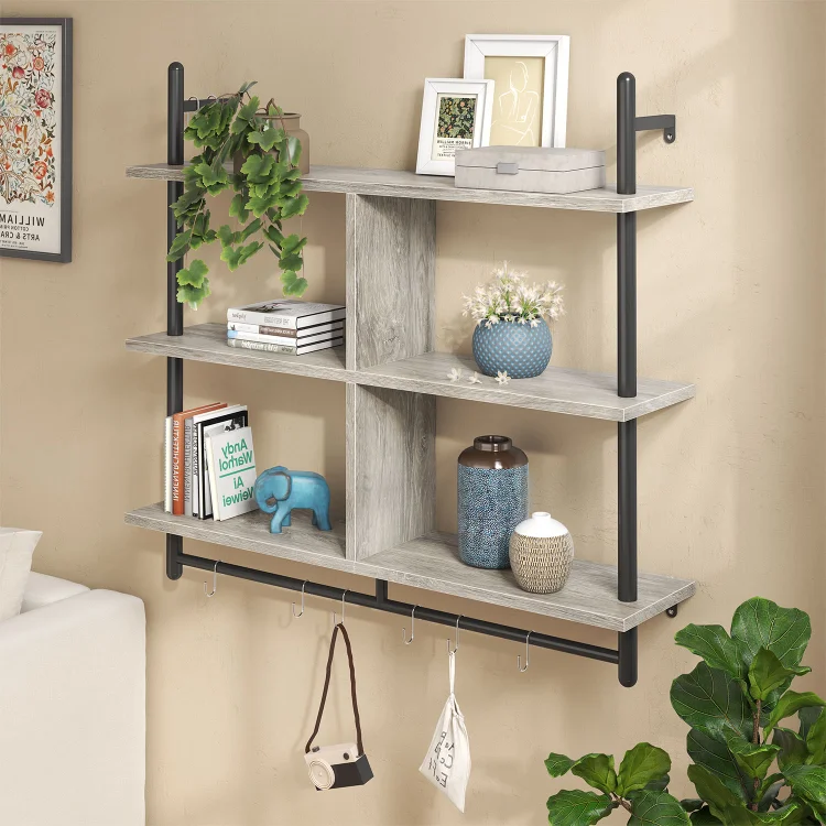 BESTIER Natrual Ladder Shelves, Rustic Pipe Shelves for Wall Decor, Modern Ladder Shelf with Wood Planks, Towel Bar with 8 Hooks, Shelves Wall Mounted for Home, Living Room, Office(Set of 3 Bookshelf/4 cubes)