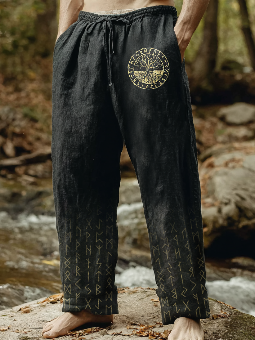 Men's Viking Raven Tribal Rune Retro Nordic Casual Linen Pants / Rvogue / Rvogue