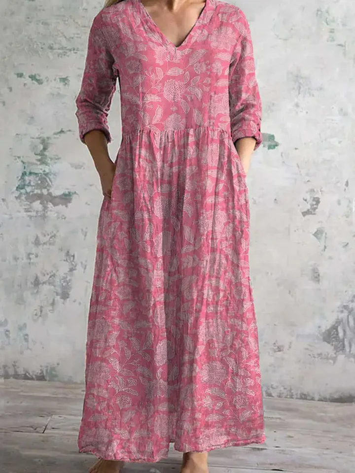 Womens Broken Fresh Floral Print Pattern Cotton And Linen Dress