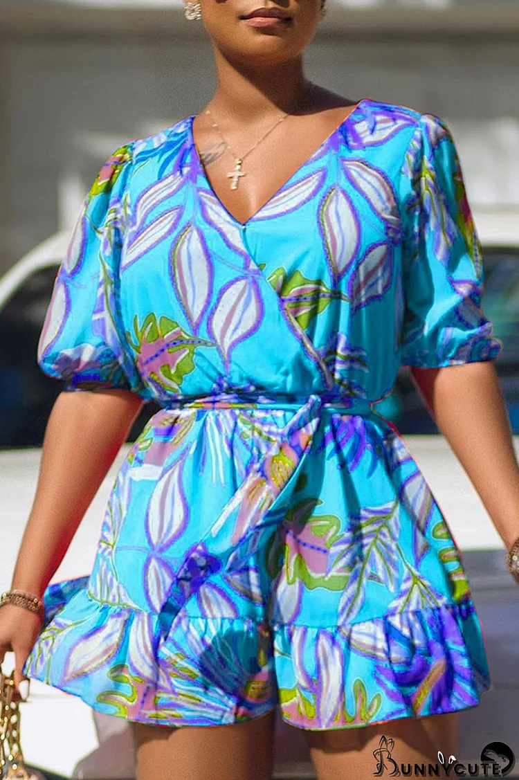 Blue Sweet Print Bandage Split Joint Flounce V Neck Jumpsuits