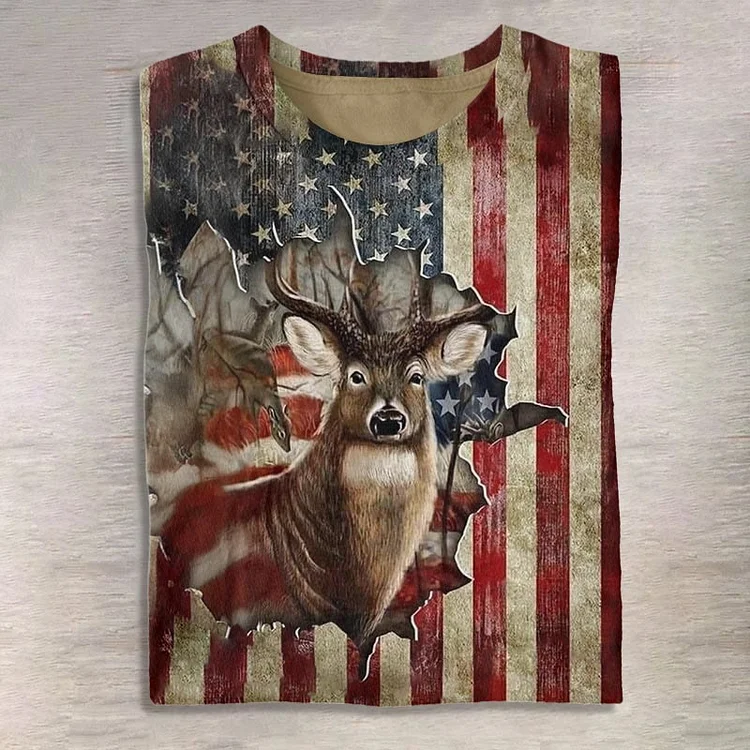 Women's Vintage Reindeer American Flag Print Short Sleeve Crew Neck T-shirt