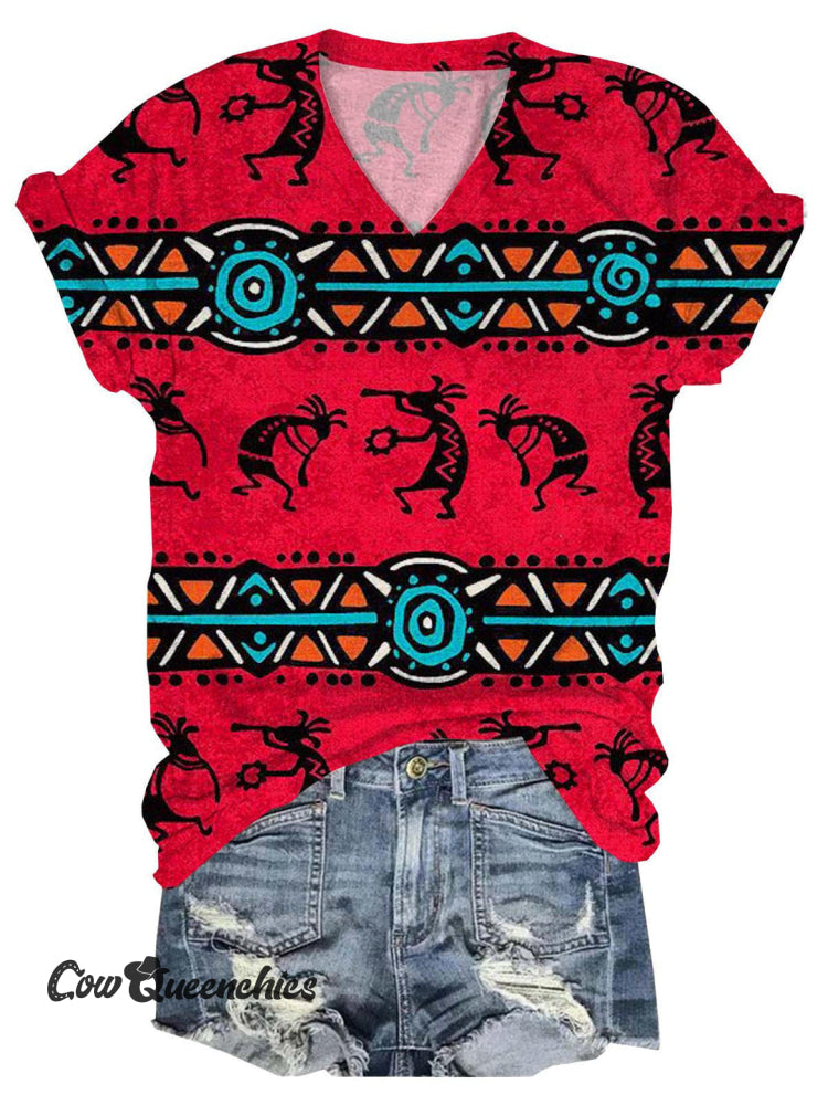 Women’s Vintage Print V-neck Casual T-Shirt Multicolor / S