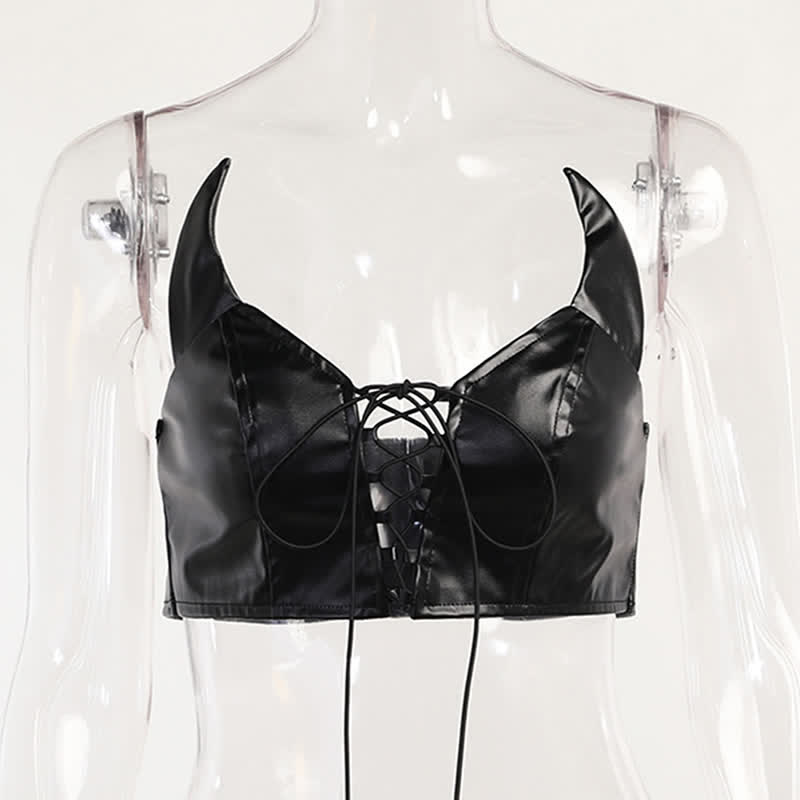 Gothic Little Demon PU Lace Up Crop Top