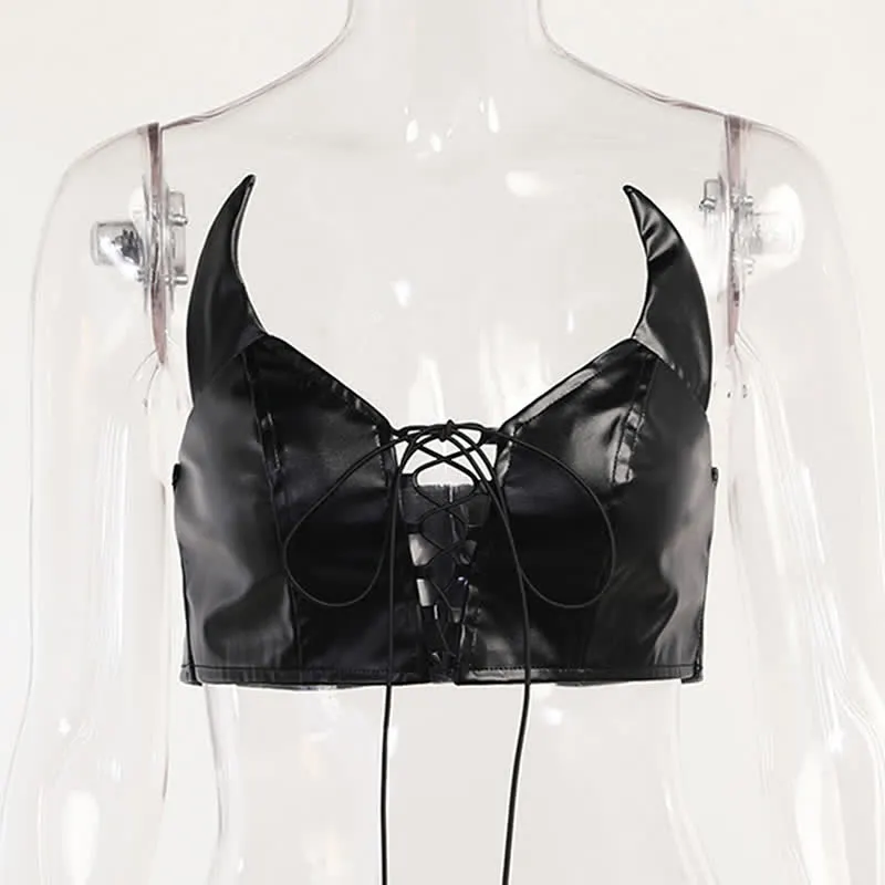 Gothic Little Demon PU Lace Up Crop Top