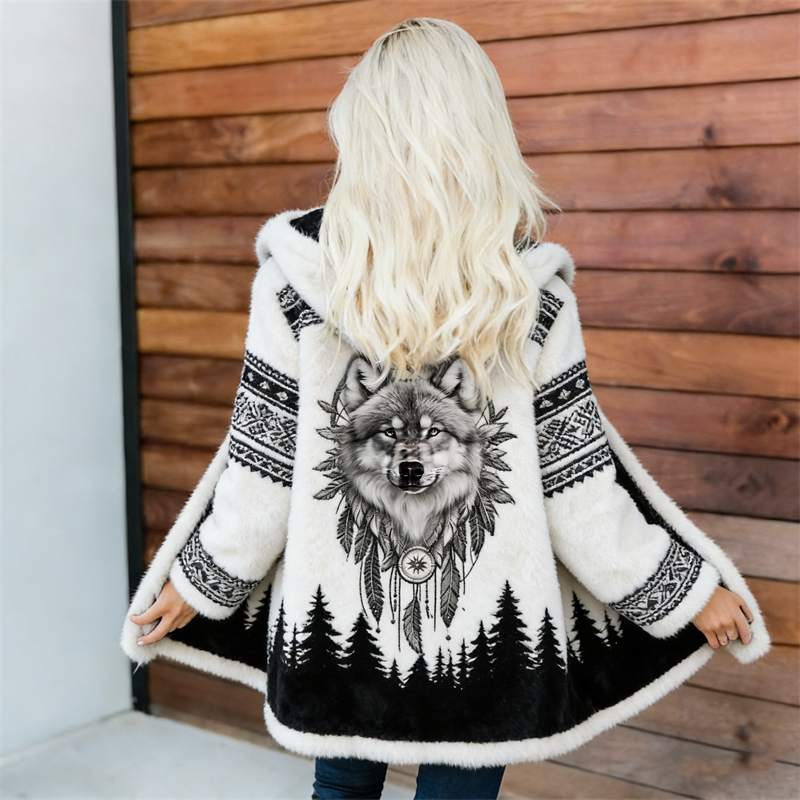Wolf Dream Catcher Dark Forest Aztec Cozy Plush Midi Cardigan wearshes