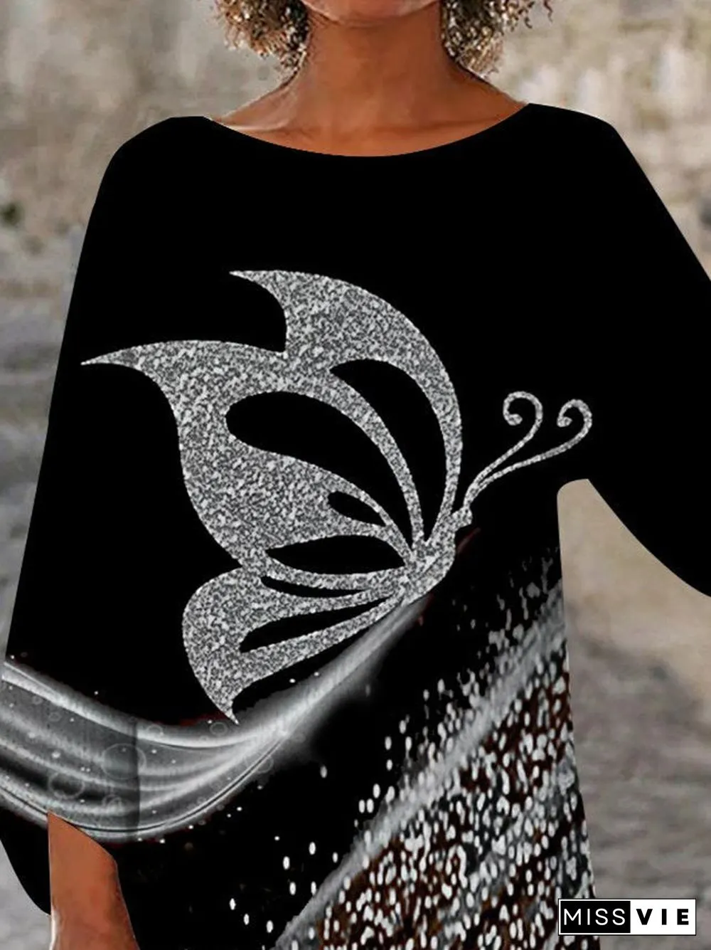 Women Asymmetrical 3/4 Sleeve Scoop butterfly print Tops