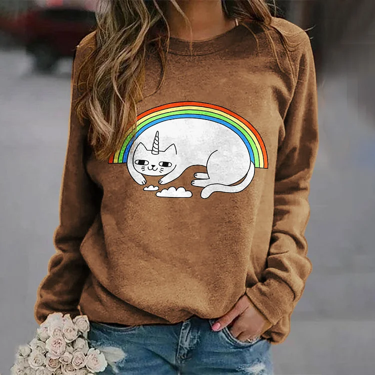 Vefave Round Neck Rainbow Unicorn Cat Sweatshirt