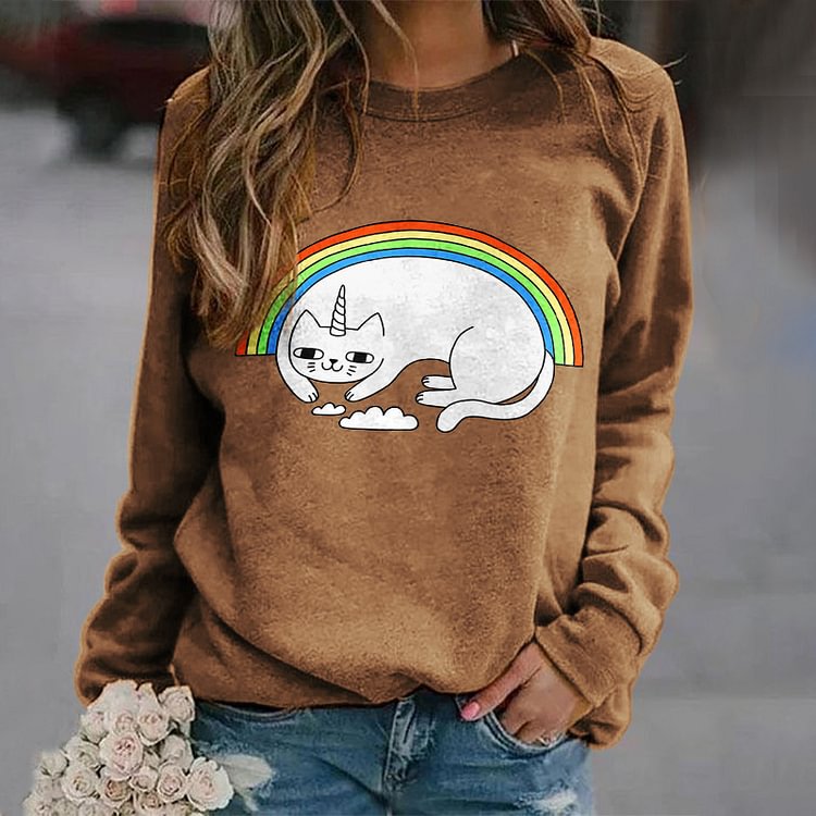 Round Neck Rainbow Unicorn Cat Sweatshirt