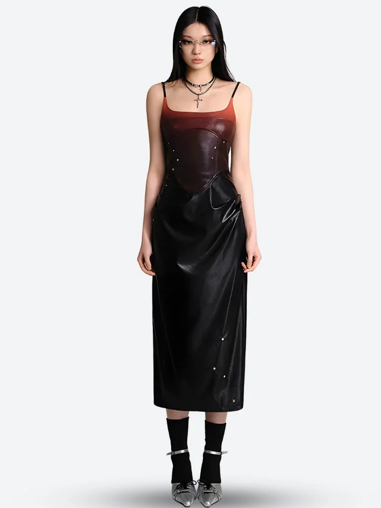Brownm Faux Leather Midi Dress