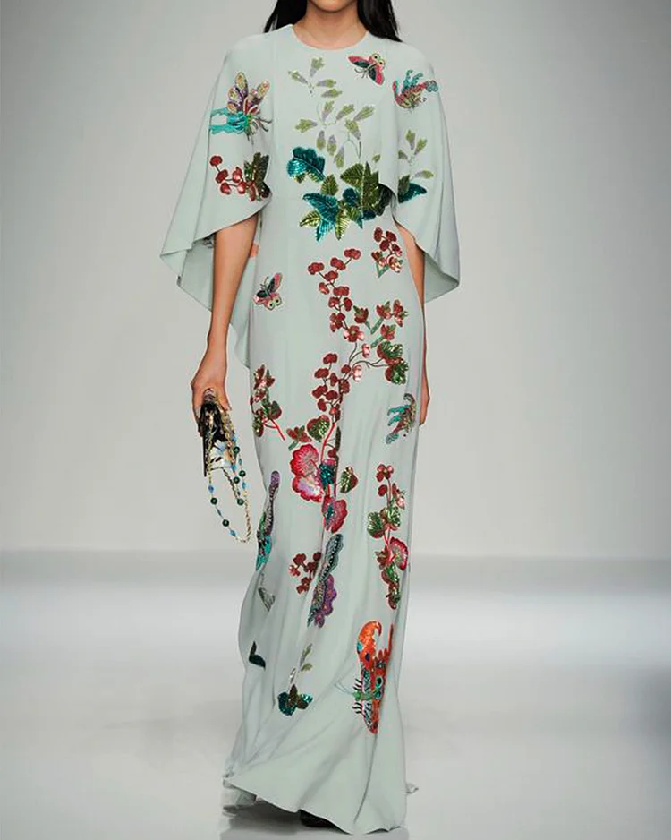 resort floral sequin irregular cape maxi dress