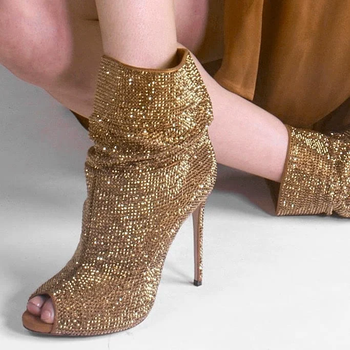 Gold Rhinestone Peep Toe Booties Stiletto Heel Ankle Boots |FSJ Shoes