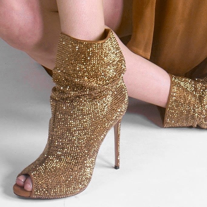 Gold Rhinestone Peep Toe Booties Stiletto Heel Ankle Boots|FSJshoes