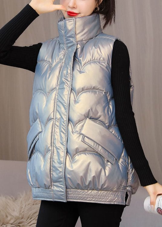 Luxury silver zippered Pockets Winter Sleeveless Puffer Vest CK2472- Fabulory