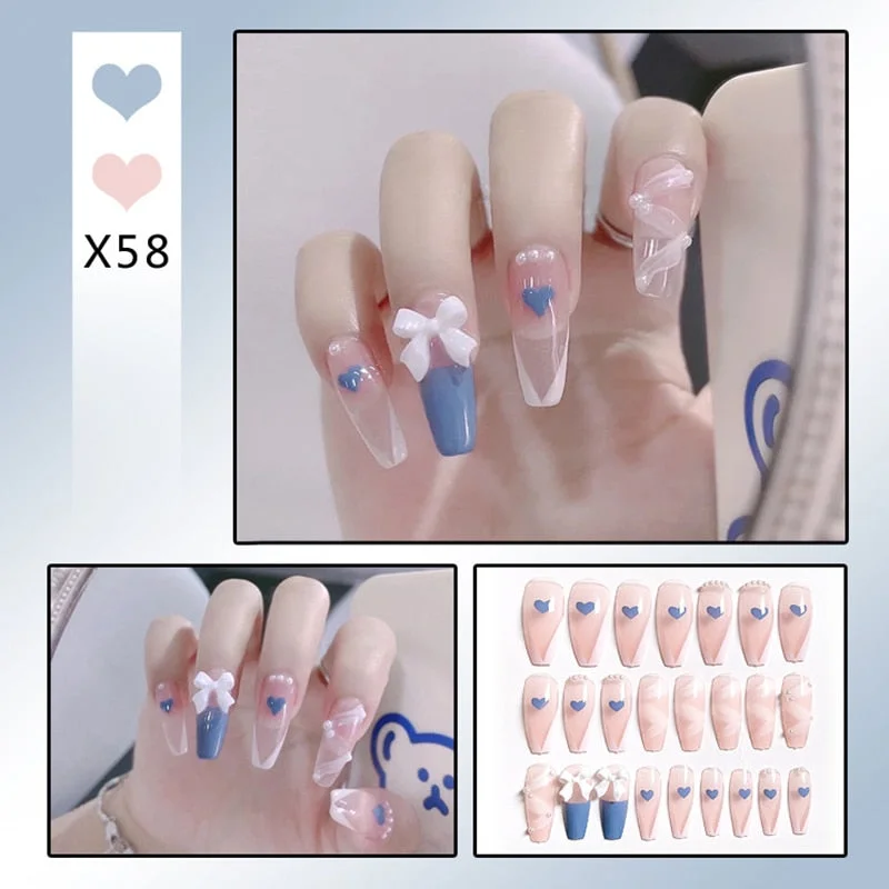24pcs False Nails With Designs Full Cover Long Head Cute Blue Flower Fake Nail Wearable Finished Nail Piece With Glue Ty-Nail Inspo