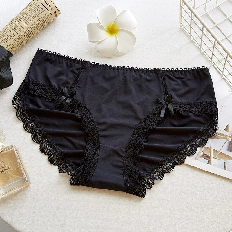 Billionm Girl Glossy Hollow Sexy Ladies Briefs Comfortable Breathable Bow Mid-waist Cotton Bottom Nylon New Lace Edge Lolita